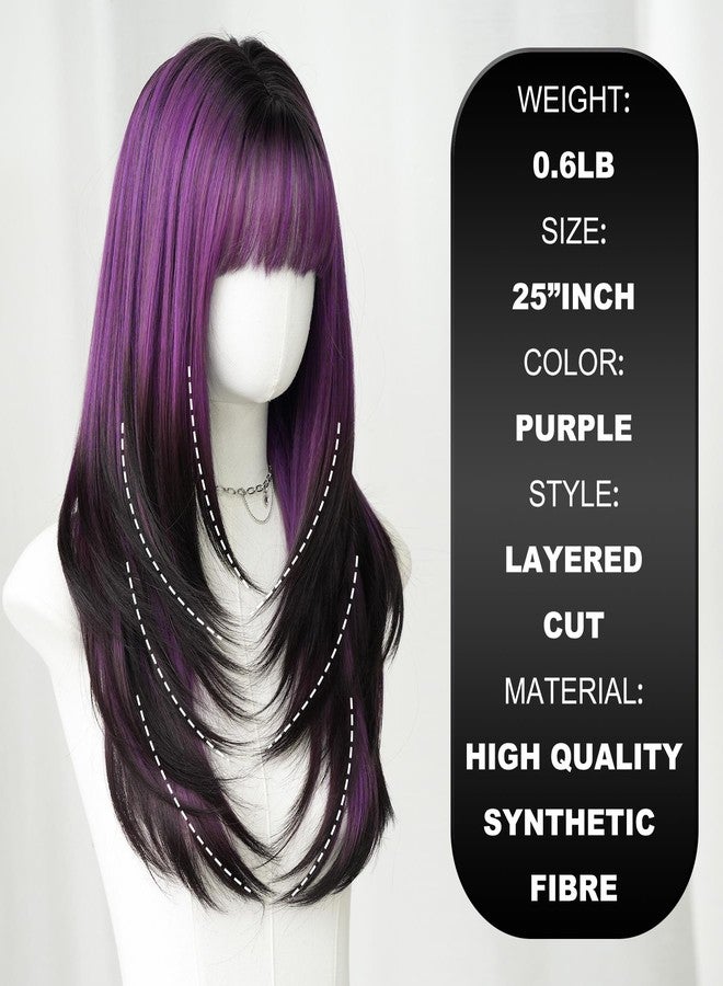 7JHH WIGS Long Straight Purple Synthetic Wig with Bangs 25inch Layered Hair Tail Dye Black Heart Resistant Synthetic Fiber Natural Looking Wigs for Women Party Cospaly and Daily Used - Image 2
